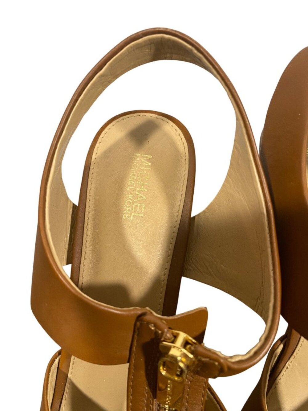 Michael Michael Kors Tan Leather Platform Heels Gold Zipper 5.5 Inch heels - Picture 5 of 12